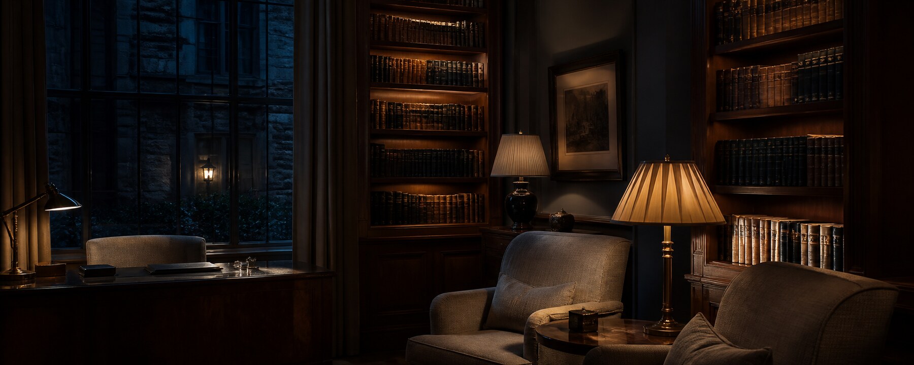 A quiet library corner prepared for an evening reader