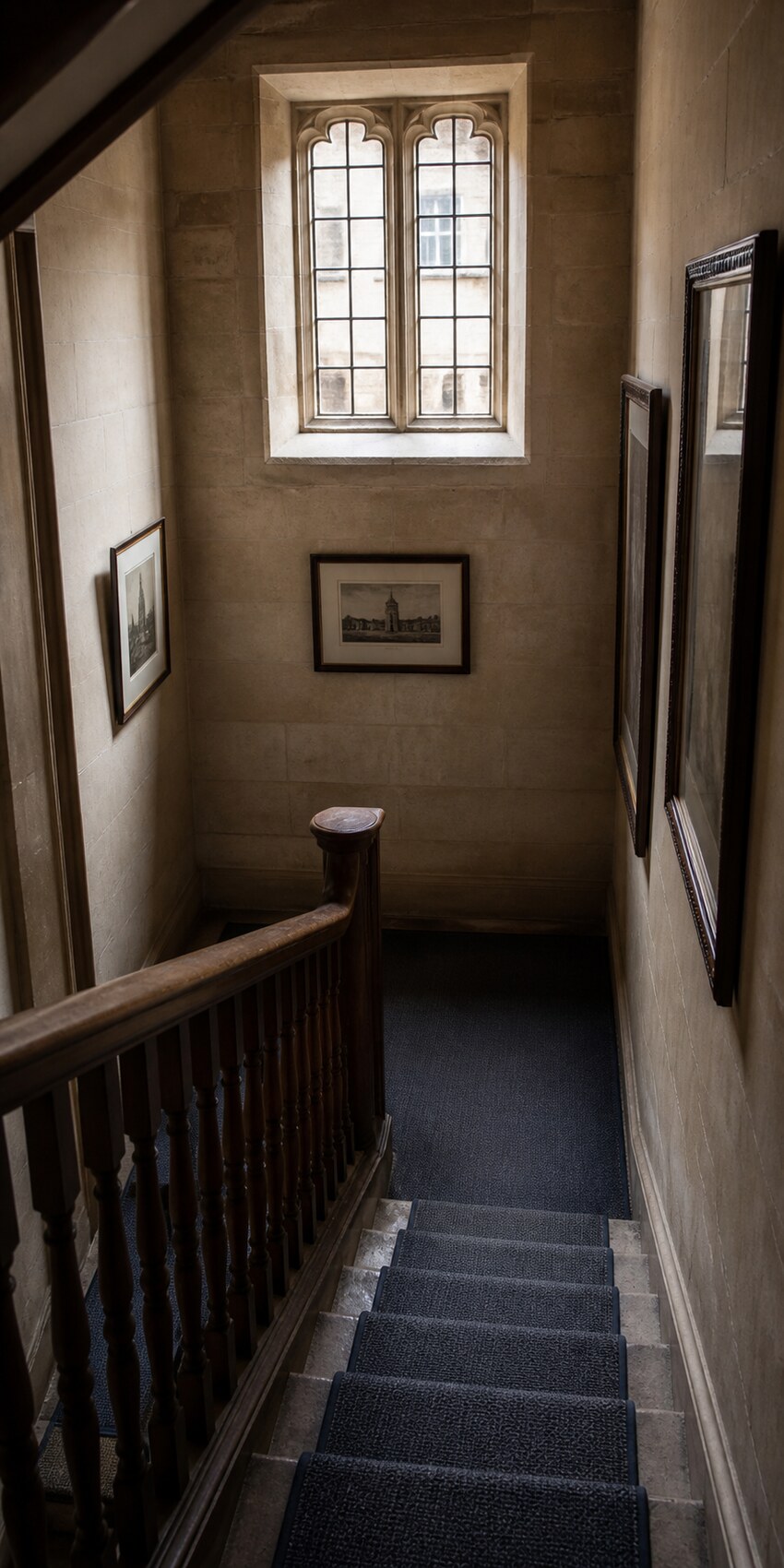 An oak stair landing lined with books